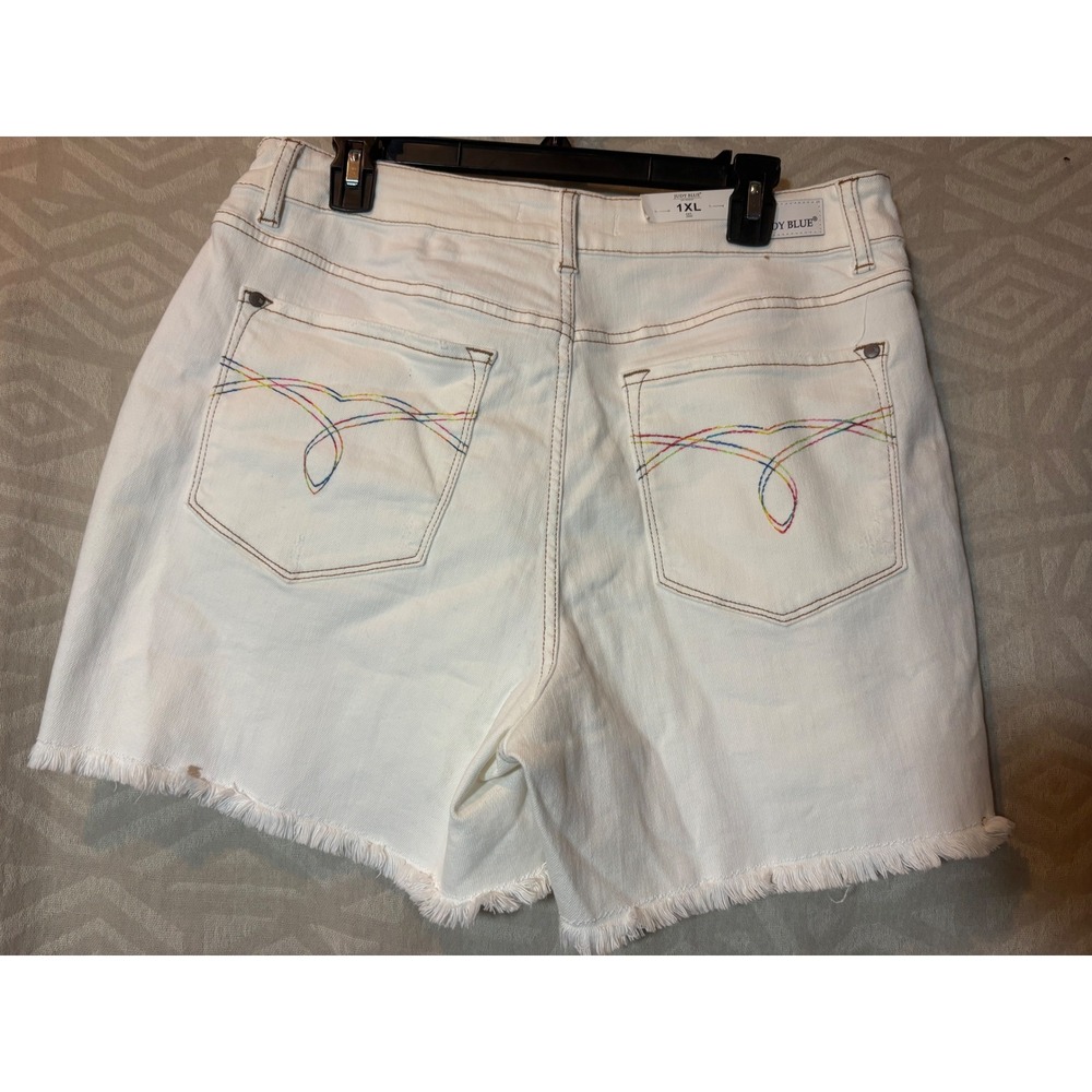 Judy Blue White Mid Rise Frayed Hem Denim Shorts Rainbow‎ Stitching Size 1XL - Picture 8 of 10